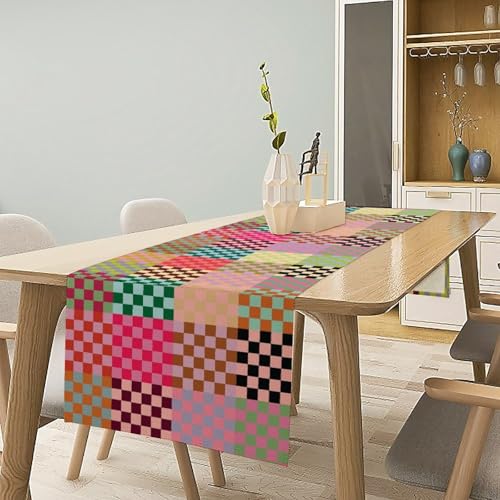 Retro Groovy Table Runner Vintage Hippie Plaid Funky Colorful Geometric Checkered Dinner Runner for Country Farmhouse Kitchen Birthday Party Holiday 36X13inch - color: Checkered-13, size: L36"x W13"