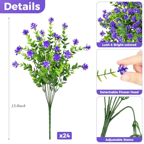 Roberly 24 Bundles Artificial Flowers for Outdoors, UV Resistant Eucalyptus Fake Flowers Shrubs Greenery Plastic Plants for Garden Porch Window Box Farmhouse Indoor Home Decor, Purple - color: Purple