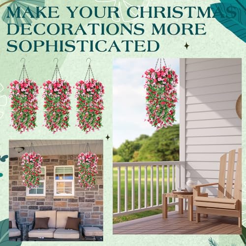 Hotop 2 Set Artificial Flowers with Hanging Basket Includes 6 Pcs Morning Glory Vines Faux Outdoor Hanging Plants Waterproof UV Resistant Fake Flowers for Patio Spring Summer Decor(Rose Red, Pink) - color: Rose Red, Pink