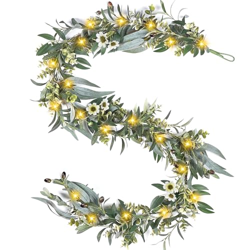 Artgar Olive Garland with Lights - 6 Ft Eucalyptus Garland with Timer 30 Fairy Lights, Artificial Greenery Olive Leaf Vine Garlands for Indoor Outdoor Wedding Arch Backdrop Table Spring/Summer Decor - color: Olive Garland