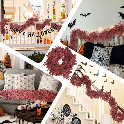 RECUTMS 2Pcs Faux Willow Leaves Vine 6Ft Full Burgundy Fall Garland | Fake Silk Leaf Ivy Artificial Italian Ruscus Greenery for Fall Home Garden Wedding Thanksgiving Party Indoor Outdoor Decor - color: Willow Full Burgundy