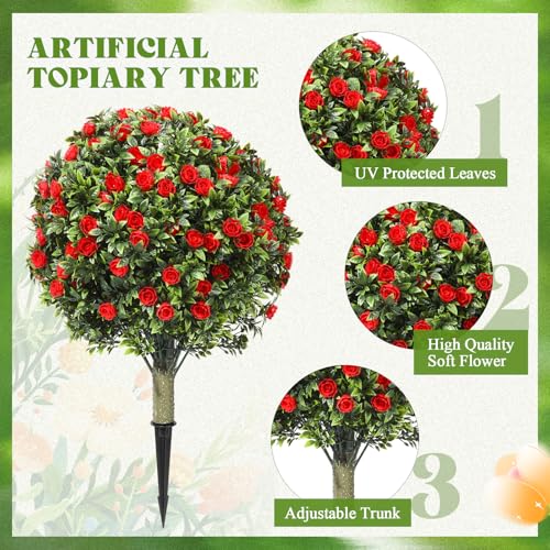 Lunmon 2 Pack 24" Artificial Topiary Ball Plants Trees with Flowers, Outdoor Fake Topiary Plants with Ground Spike, UV Resistant Faux Bushes for Indoor Outdoor Front Door Decor(Red,Rose) - color: Red, style: Rose