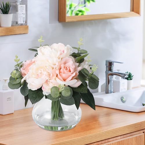 Lifelike Artificial Flower Arrangements with 4 Roses + 4 Peonies in Glass Vase with Faux Water for Wedding & Home Table Centerpieces - color: Peony & Rose With Faux Water, size: Pink