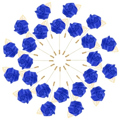 M METERXITY 48-Pack Flower Lapel Pins for Men, Golden Leaf Rose Boutonnieres Pin Groom Boutonnieres for Wedding/Dance/Party, Men Lapel Pins for Suits Satin Flower Corsage [Sapphire Blue] - color: Sapphire Blue