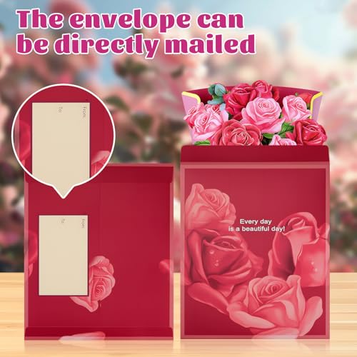 Airpark Pop Up Flower Bouquet Card for Women, 3D Floral Greeting Card with Envelope and Note, Birthday Thank You Thinking of You Get Well Gift for Mom Friend Wife Teacher, Rose - style: Red and Pink Roses