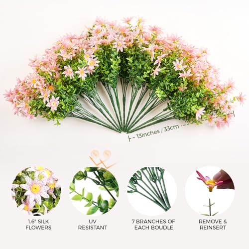 PONKING Artificial Flowers for Outdoors Patio Decoration 12 Bundles Fake Flower Daisy UV Resistant Faux Plants Yard Garden Porch Home Boxwood Planter Patio Mothers Day Decor, Light Pink Flower - color: D Light Pink Daisy 12pcs