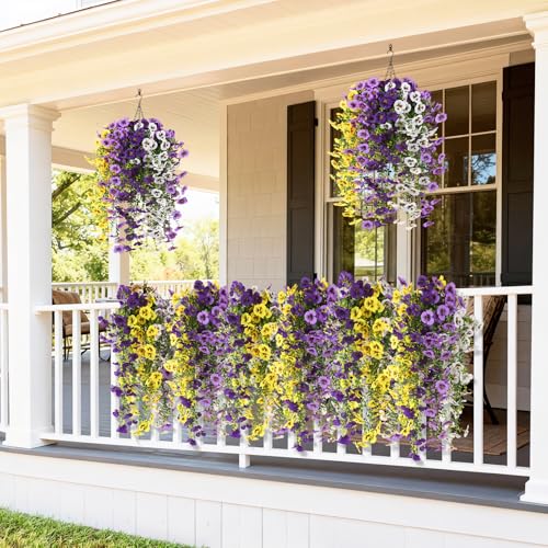 Fake Artificial Flowers for Outdoors, 4 Pcs Faux Hanging Pansy Flowers Spring Summer Decor, UV Resistant Fake Plants Silk Flower for Planter Front Door Porch Patio Yard Garden(Purple Yellow White) - color: Double Purple,white,yellow
