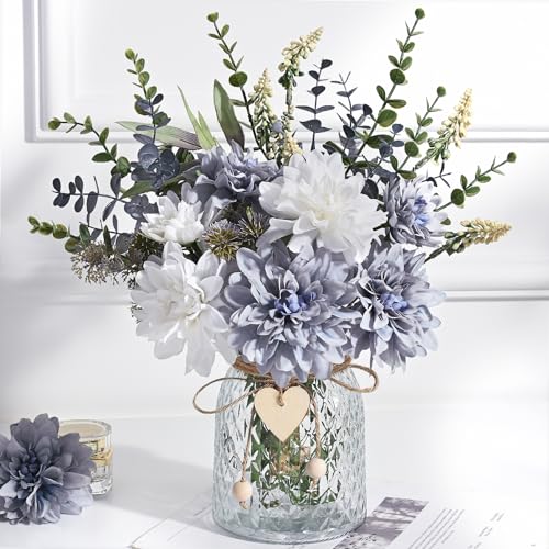 MARTINE MALL Fake Flowers in Vase, Faux Flowers in Vase, Dahlia Artificial Flowers in Vase Centerpiece Table Decorations Artificial Flower Arrangement for Home Dining Room Office Farmhouse, Blue - color: Blue Dahlia