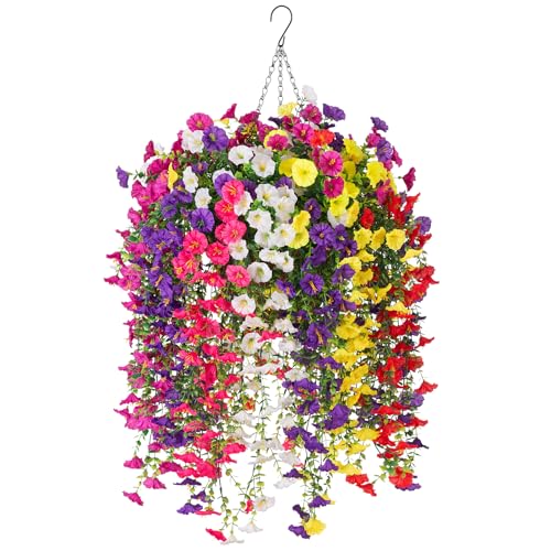 INXUGAO Artificial Flowers with Hanging Basket, Outdoor Faux Plants Silk Morning Glory Vines, Fake Petunias for Garden Patio Spring Summer Decor, 12 pcs Mixed Color - color: Mix Color