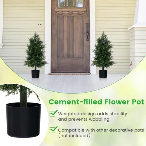 Goplus 31.5'' Artificial Cedar Topiary Trees for Outdoors, Potted Fake Cypress Trees with Cement Plastic Pot, Faux Cedar Pines Evergreen Plants for Indoor Home Front Porch Decor - size: 2ft 8in