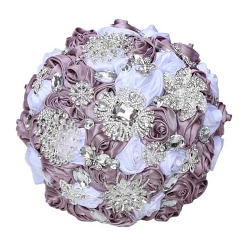 Bridal Wedding Bouquet with Bling Silver Rhinestones for Bride Bridesmaid Quinceanera Satin Rose Flower Bouquet Wedding Skin Purple and White 8.7in - color: Skin Purple & White (Standard Size: Dia.8.7")