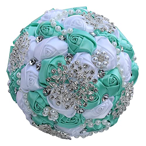 Sharebeauty 7.9 Inch Handmade Satin Rose Bridal Bouquet Toss Round Wedding Bouquet Throw Toss Artificial Flower Bunch Pale Blue + White - color: W3217d09 Pale Blue/White