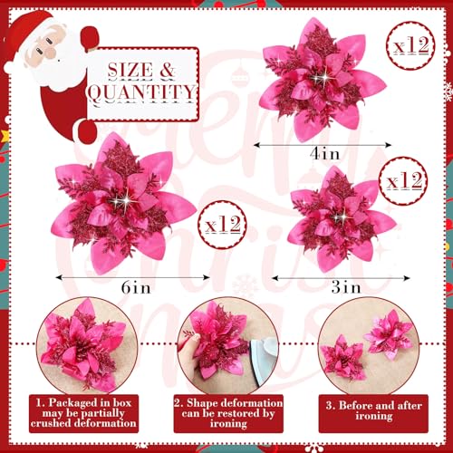 Geosar 36 Pcs Christmas Glitter Artificial Poinsettia Flowers Xmas Poinsettia Artificial Wedding Flowers Decorations Xmas Tree Ornaments with Clips for Party, 6 Inch, 4 Inch, 3 Inch(Peach Red) - color: Peach Red