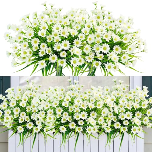 obbsie 12 Bundles Artificial Daisies Flowers Outdoor UV Resistant Fake Silk Daisy Mums Flowers No Fade Faux Greenery Plants for Home Wedding Garden Window Box Outdoor Planters Spring Decor - White - color: White,green, size: 12 Pcs
