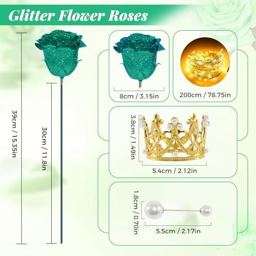Dark Green Glitter Roses Bouquet, 24 Pcs Shiny Glitter Flowers Bouquet, Everlasting DIY Artificial Roses Bouquet for Christmas, Birthday, Anniversary, Wedding, Engagement - color: Dark Green-a, size: 24 PCS