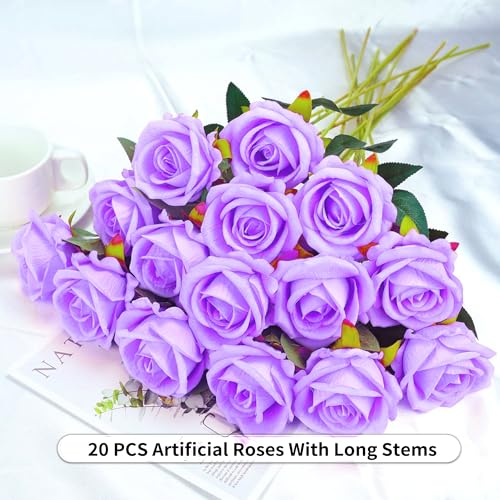 20PCS Artificial Roses with Long Stems - Realistic Silk Flowers, Fake Roses Real Touch Bouquet of Roses for Home Decor, Bridal Wedding Party Table Centerpieces, Bulk Faux Rose Flowers ( Purple ) - color: Purple, size: 20 PCS