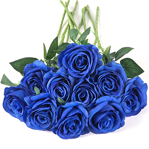 10pcs Royal Blue Silk Roses Artificial Rose Flowers Long Stem for DIY Wedding Bouquet Table Centerpiece Home Decor (Royal Blue) - color: Royal Blue