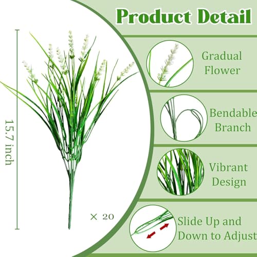20Pcs Fake Plants Artificial Flowers Monkey Grass for Outdoors，UV Resistant Realistic White Artificial Plants Outdoor，No Fade Greenery Shrubs Outside Decor for Courtyard Porch Patio Garden - color: White, size: 20Pcs