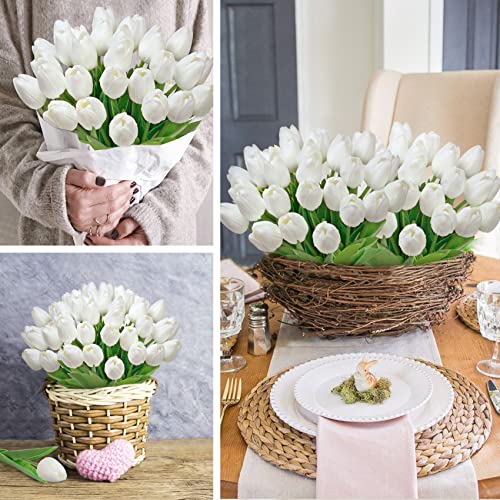 Ouddy Decor 30 Pcs White Tulips Artificial Flowers Real Touch PU Faux Flowers Fake Tulips Stems for Spring Summer Bouquet Floral Room Table Party Wedding Easter Mothers Gifts Home Decorations - color: White