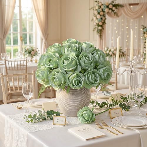 Ivydale 18pcs Green Roses Artificial Flowers, Fake Roses Silk Flowers with Stems Realistic Bouquet for Mother's Day Wedding Party Home Decoration DIY Centerpiece Floral Romantic Gifts - color: Rose-green