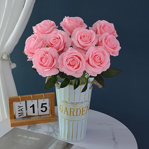 12pcs Rose Artificial Flowers, Fake Rose Silk Flower Bouquet, Faux Roses with Stems - 50cm, Roses Decor for Wedding & Home Decoration (Pink) - color: Pink