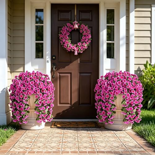 INXUGAO Artificial Fake Hanging Flowers Plants for Outdoor Summer Decoration,2 PCS Faux Silk Fuchsia Orchid Long Vines Stems Bouquet UV Resistant for Wall Home Porch Patio Outside(Violet) - color: B-violet