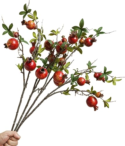 Forlaoers 4pcs 31" Tall Red Berries Pomegranate Faux Plants Stem Fake Tree Branches with Fruits Leaves Artificial Flowers for Outdoors Home Decor Office Fall Wedding Engagement Party Decorations - color: A:4 Red