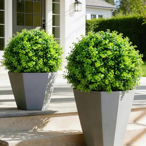 2 Pack 25" Artificial Eucalyptus Topiary Ball Trees for Outdoors, UV Resistant Faux Evergreen Shrubs with Ground Spikes, Fake Bush Ball Plants for Front Porch, Patio, Garden, Indoor Outdoor Home Decor