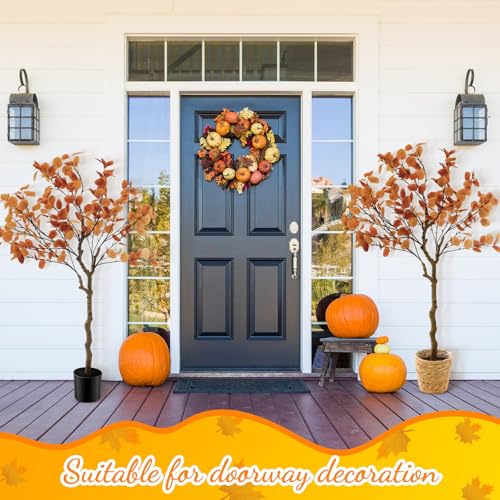 Giegxin 2 Pack 4ft Fall Artificial Eucalyptus Trees with Weaving Plant Baskets Faux Autumn Stem with Eucalyptus Leaves Artificial Fall Tree Decor for Porch Front Home Office - color: Orange, style: Eucalyptus Leaves