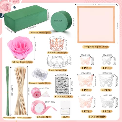 Maysing Money Bouquet Kit 12 Pcs Glitter Roses 20 Sheet Flower Wrapping Paper DIY Flower Bouquet Floral Foam Blocks Sticker for Anniversary Birthday Mother's Day Graduation(Pink+rose Pink) - color: Pink+rose pink