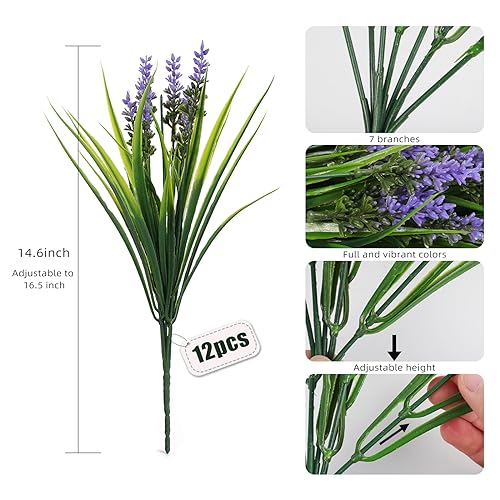 RECUTMS 12Pcs Artificial Outdoor Flowers UV Resistant Fake Outdoor Plants, Fake Monkey Grass with Flowers,Faux Greenery for Indoor Outside Hanging Plants Garden Porch Wedding Farmhouse Décor(Purple) - color: Purple