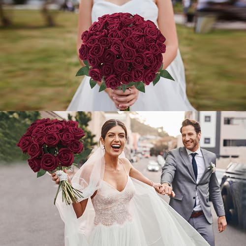 Sggvecsy 50 Pcs Artificial Roses Red Flowers Fake Velvet Silk Roses with Stems Bulk Realistic Faux Flowers for Bridal Bouquets Wedding Centerpieces Valentines Day DIY Home Decor (Burgundy) - color: Burgundy
