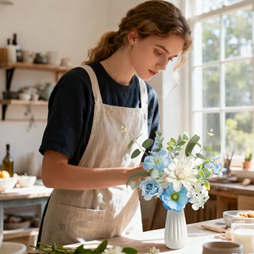 Small 11.8" Artificial Flowers in Ceramic Vase - Blue Silk Flower Centerpiece for Dining Table, Office, Wedding & Farmhouse, Home Decor Gifts - color: Blue
