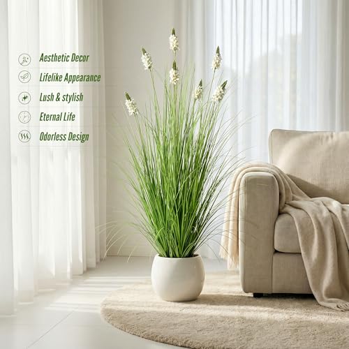 Artificial Plants Indoor Tall Grass Plants with Hyacinth Flower 47.2In Tall Artificial Ornamental Grass Green Onions Outdoor Fake Plants with Black Pot Home Office Decorative (1 Pack,White) - color: 1.2m White1