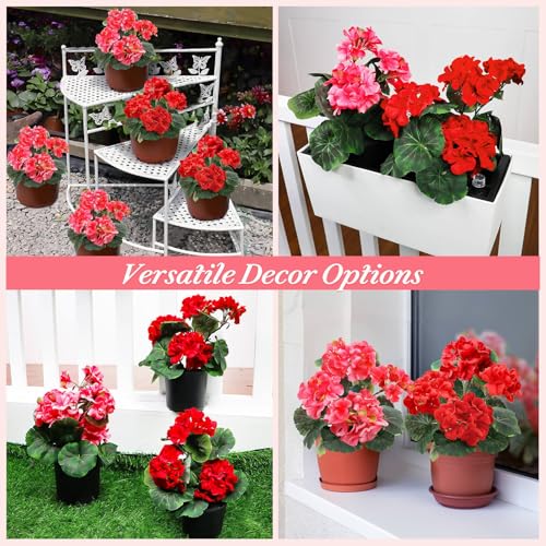 TURNMEON 2 Pack Artificial Geraniums Fake Flowers for Outdoors Summer Decoration, Silk Geraniums Flowers UV Resistant Faux Flower Potted Plants for Gardens Farmhouse Indoor Home Table Decor (Mixed) - color: Red and Rose Red