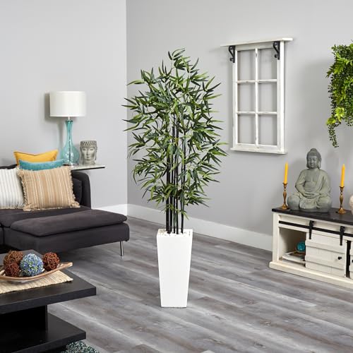 Nearly Natural 5864 5Black Bamboo Artificial Tree in White Tower Planter 5Black Bamboo Tree in White Tower Planter, Green