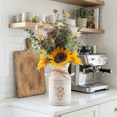 Fake Flowers in Vase,Sunflowers Artificial Flowers Silk Flower Arrangements with Metal Flower Vase Faux Flowers Sunflower Kitchen Decor Yellow Bathroom Decor Sunflower Gifts for Women (Yellow)