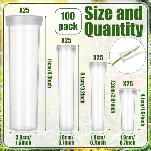BrightRow 100 Pcs Flower Water Tubes with Caps Multisize Clear Plastic Floral Vials Holder for Single Stem Roses, Buds, Bouquets Fresh Flower Floral Picks Arrangement Centerpieces Decoration, 4 Size