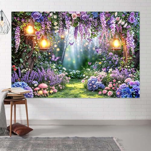 Spring Enchanted Forest Backdrop, Fairy Tale Wonderland Garden Backdrops for Photography, Purple Flower Mushroom Butterfly Woodland Fairy Tea Party Decorations Photo Booth Studio Props 5X3FT - color: Purple, size: 5X3FT