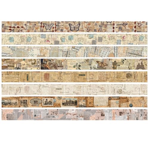 Vintage Washi Tape Set 8 Rolls Thin Retro Decorative Antique Patterns Masking Tapes for Arts, DIY Crafts, Journals, Planners, Scrapbook, Wrapping (Junk Books) - color: Junk Books