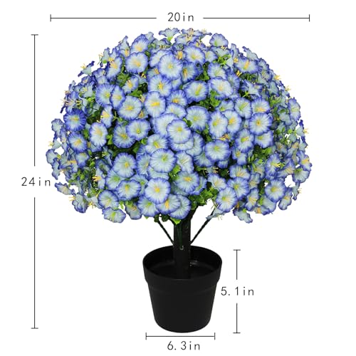24" Artificial Potted Plants Outdoor Set of 2, UV Resistant Faux Blue Flowers with Eucalyptus, Decorative Plants in Pots for Front Porch, Patio & Entryway - color: Blue, size: 24in Morning Glory Eucalyptus