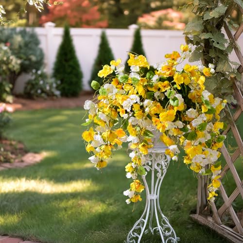 Hibiscus Artificial Hanging Flowers Plants for Outdoors 4 Pcs Fake Flower Faux Silk Hibiscus Long Trailing Vines Realistic Flower for Front Door Porch Patio Balcony Garden Yard (4 Pcs Yellow+White) - color: 4 Pcs Yellow+white
