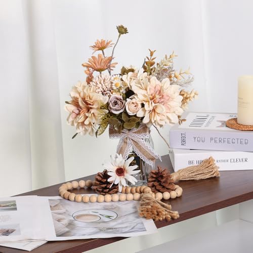 CEWOR Fake Flowers in Vase, Artificial Flowers with Vase Faux Silk Floral Arrangement Table Centerpieces Decor for Home Office Dining Farmhouse Coffee Table Living Room Bathroom Plant Decor .Brown - color: Brown