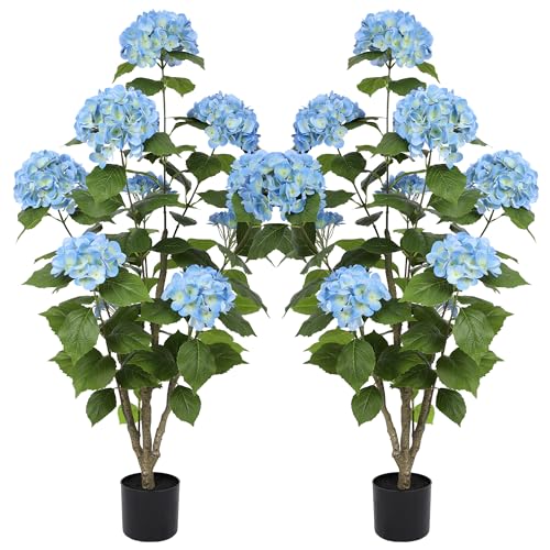 Nafresh 4FT Real Touch Faux Hydrangea Tree Outdoor, 2 Pack Blue Hydrangea Tree Artificial with Vibrant Blooms, Faux Hydrangea Potted Plant for Indoor Outdoor Home Front Porch Pation Decor - color: Blue, size: 4ft