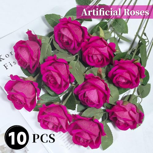 10 PCS Artificial Roses with Long Stems Silk Flowers Realistic Foam Flowers Fake Roses for Valentine's Day Home Wedding Decor(Freud) - color: Freud