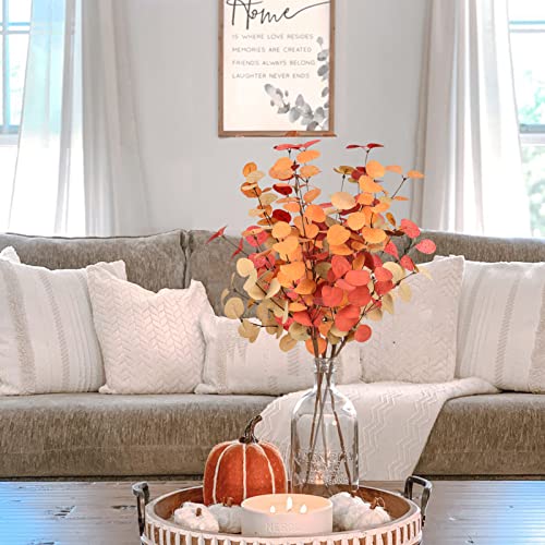 Beferr Fall Eucalyptus Stems Decor, 5Pcs 24" Faux Eucalyptus Branches Artificial Autumn Plants Decorations Fall Floral Arrangements Farmhouse Home Table Centerpiece - color: Orange Eucalyptus