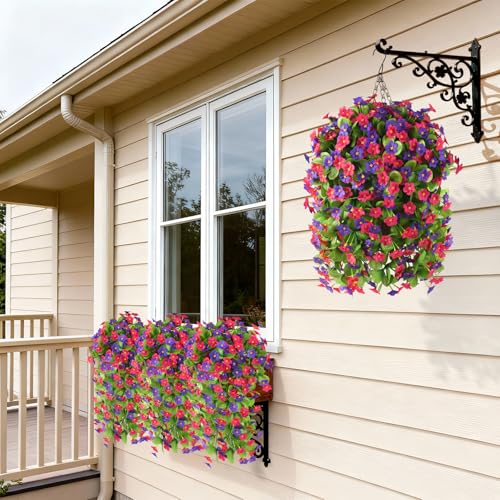 Artificial Fake Hanging Flowers for Outdoors, 2 Pcs Artificial Hanging Plants Outdoors Spring Summer Decor, UV Resistant Faux Violet Silk Flowers for Planters Front Door Yard Garden(Purple Rose Red) - color: Purple Rose Red