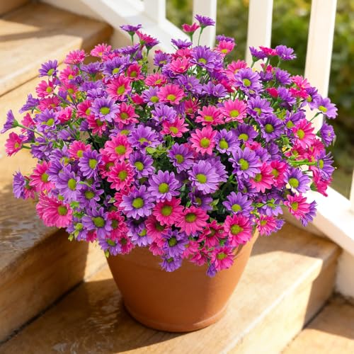 16 Bundles Silk Daisy Artificial Flowers for Outdoors UV Resistant Fake Daisies Plastic Plants Flower for Home Outside Front Door Porch Garden Patio Planters Decoration (Double Purple) - color: Double Purple