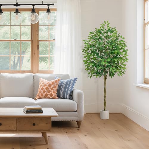 Artificial Ficus Tree with 3 Natural Curved Trunks, 6FT Tall Faux Ficus Tree in Sturdy Plastic Nursery Pot, Faux Plant for Office Home Living Room Farmhouse, Indoor Outdoor Decor