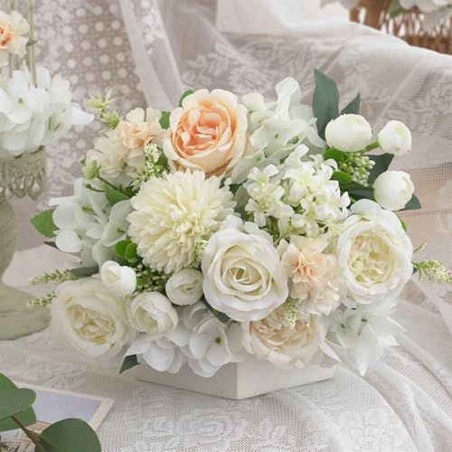 4 Pcs Mixed Artificial Peony Flowers Set-2 Bouquets & 2 Stems, Small White Fake Peony Rose Hydrangea Flower for Vase Silk Floral Arrangements for Table Centerpiece Wedding Home Party Bridal Decoration - color: White, size: Mixed 4pcs